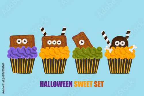 A fun and spooky Halloween cupcake set decorated with ghosts, pumpkins, bats, spiders, and candies. Cute vector illustrations perfect for Halloween parties, bakery menus, and seasonal promotions.