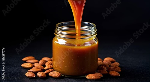Caramel sauce being poured into a glass jar, surrounded by almonds