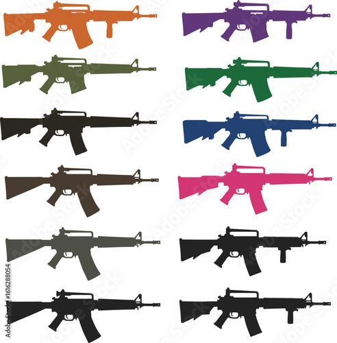 Vector illustration set of modern assault rifles in various colors and styles, perfect for military, tactical, gaming, and design projects. High-quality firearm silhouettes for diverse applications.