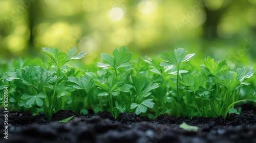 Fresh Green Parsley Growing in a Sunny Garden During Spring Season.