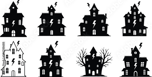  set of spooky haunted houses with lightning and eerie trees, evoking a sense of dread
