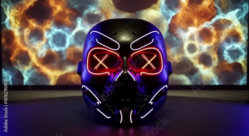 Dark, futuristic skull mask with vibrant neon light