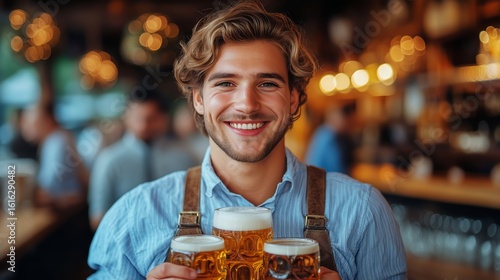 Young Man Smiles While Holding Four Beer Glasses in a Busy Pub During a Livel...