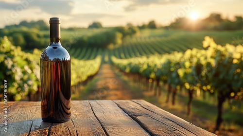 Wine Bottle on Wooden Table Overlooking Vineyard During Sunset in a Serene Co...