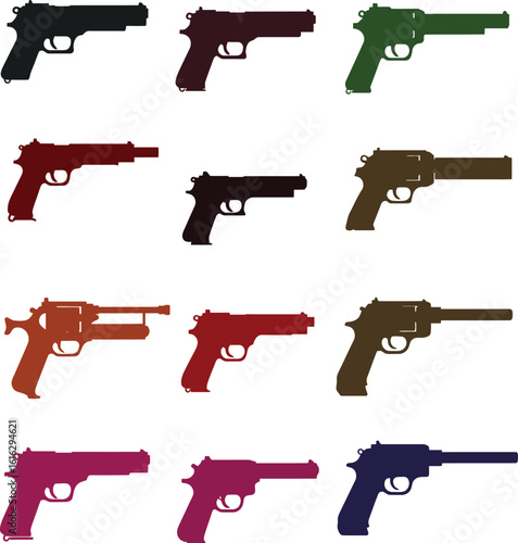 Colorful vector illustration set of various handguns and pistols, including revolvers and semi-automatics. Ideal for military, tactical, gaming, and security-themed design projects.