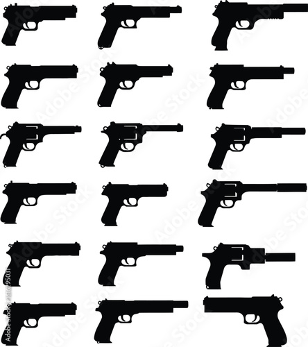 Vector silhouette collection of various handguns and pistols, including revolvers and semi-automatics, some with silencers. Ideal for military, tactical, gaming, and security-themed design projects.