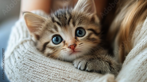 Cute Striped Kitten Snuggled in Soft Cream Blanket During Cozy Indoor Afternoon.