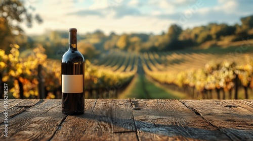 Bottle of Red Wine on Wooden Table Overlooking Vineyard at Sunset.
