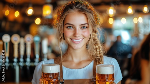 Young Woman Smiles While Holding Two Glasses of Beer Inside a Lively Bar Duri...