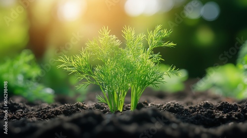 Fresh Dill Plants Growing in Rich Soil Under Soft Sunlight in a Garden Setting.