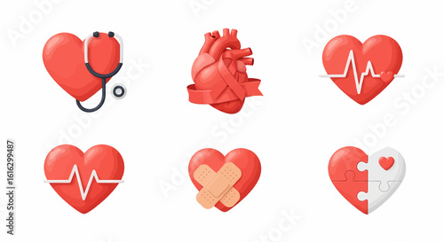 Collection of red heart icons, medical symbols, and health-related imagery.
