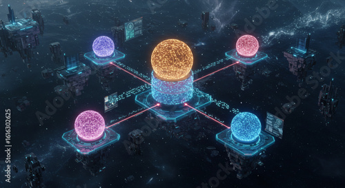 A futuristic concept of a centralized data hub with glowing energy spheres connected in a vast technological network. This represents data flow and interconnected systems.