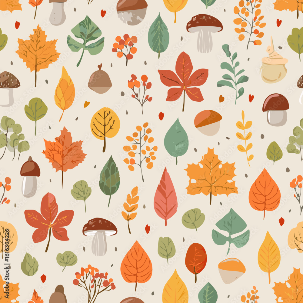 Fototapeta premium Autumn hand drawn leaves doodle seamless pattern. Fall leaves, acorn, chanterelle, chestnut, maple, raspberry, oak, ashberry. Trendy season print. Harvest time. Thanksgiving day. Vector illustration