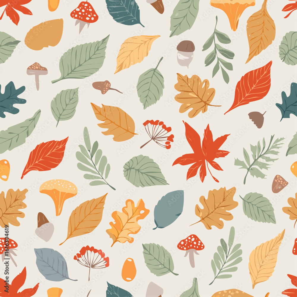 Fototapeta premium Autumn hand drawn leaves doodle seamless pattern. Fall leaves, acorn, chanterelle, chestnut, maple, raspberry, oak, ashberry. Trendy season print. Harvest time. Thanksgiving day. Vector illustration