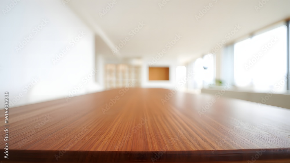 Obraz premium Empty Wooden Table Top with a Bright, Blurred Modern Office Background for Product Montage. 