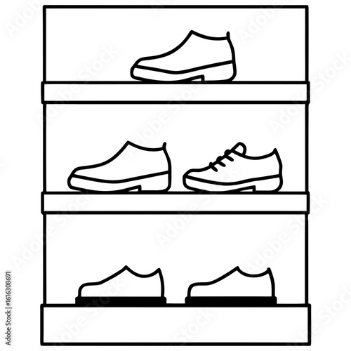 Wall-mounted shoe display with clean lines showing organized pairs of shoes — sneakers, boots, flats — with soft shadows.