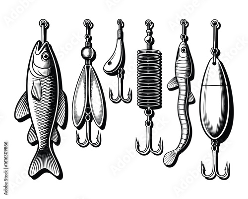 Collection of fishing lures in a black and white vintage engraving style. Assorted tackle and baits for angling and sport fishing.