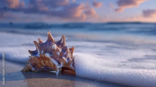 A serene low-angle shot captures a conch shell nestled in fine beach sand with a gentle wave breaking behind, framed by the soft hues of an early morning sky.