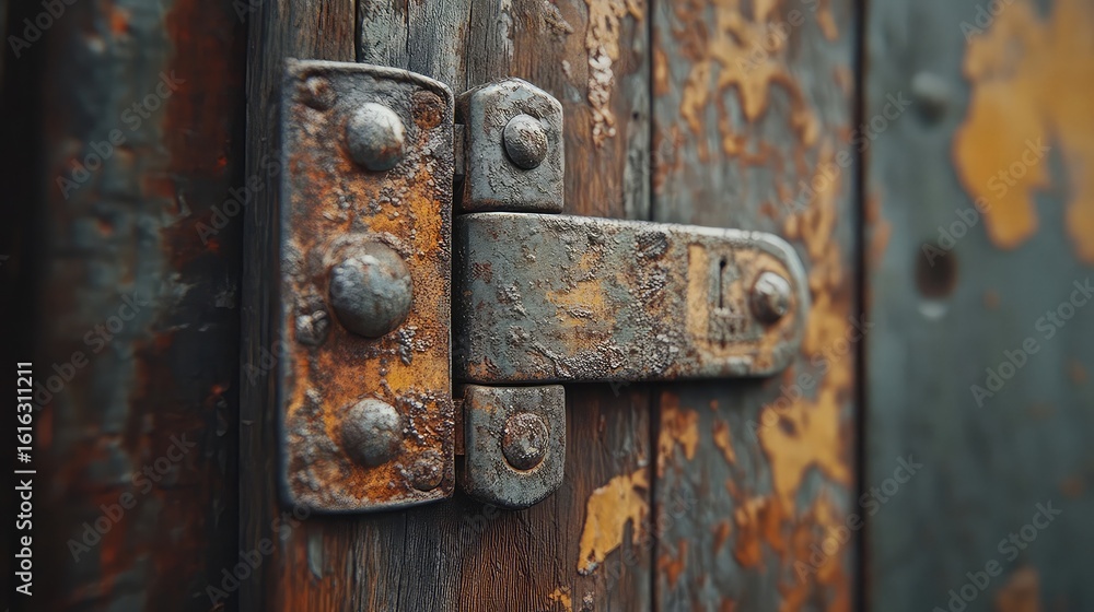 Fototapeta premium Rusted hinge on barn door with corrosion texture wood grain and antique tone ideal for rural or aged architecture visuals