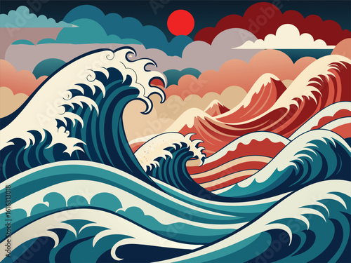 Traditional Japanese wave pattern background with soft gradient tones.
