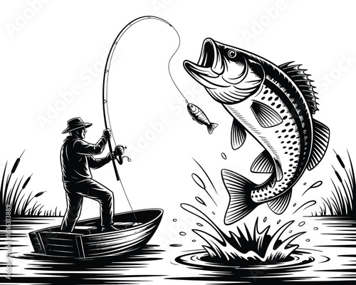 A detailed black and white illustration in a vintage engraving style, showing an angler in a boat catching a large bass jumping from the water.