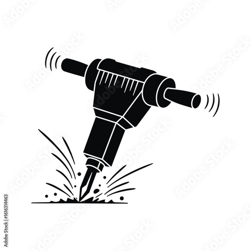 Black and white illustration of a jackhammer demolition tool breaking ground construction equipment vector icon