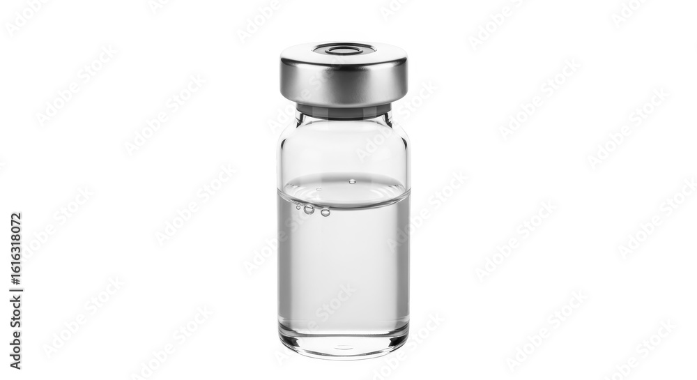 Clear liquid vial with silver cap isolated on white background Clear liquid vial with silver cap isolated on white background