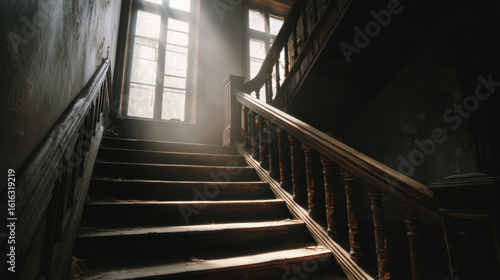 Dusty Light Rays on Staircase in Abandoned Mansion