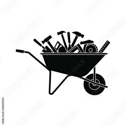 Black and white vector illustration of a wheelbarrow full of construction tools including hammers saws and measuring tools