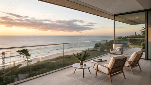 Serene balcony overlooking tranquil ocean waves at sunset  offering peaceful coastal retreat vibes
