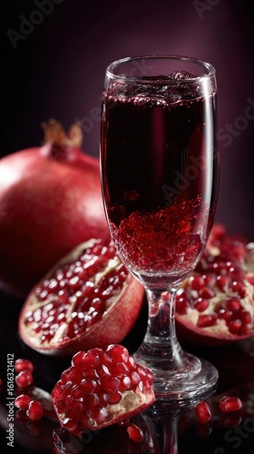 Ruby pomegranate juice in a glass, surrounded by fresh fruit