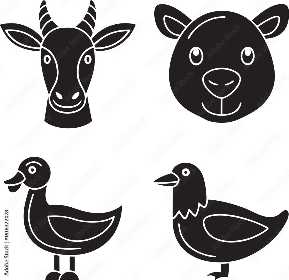 Naklejka premium Collection of eight distinct black silhouette farm animals including cows horses pigs sheep chickens and ducks ideal for rustic countryside or agricultural themed designs
