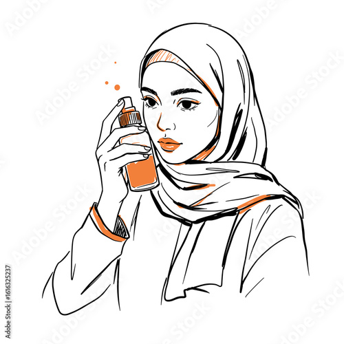 Young Muslim woman applying skincare product while holding bottle  