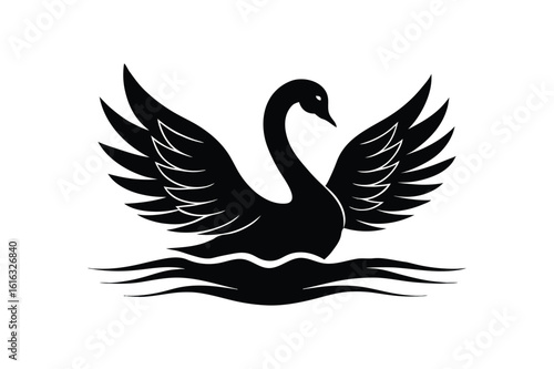 Swan on water with wings spread out silhouette vector art illustration