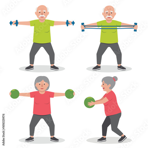 Elderly people doing different exercises with dumbbells, fitness band and exercise balls in a studio