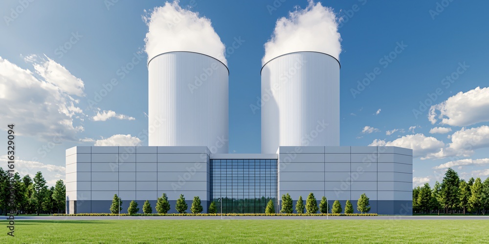 Fototapeta premium An artistic rendering of a modern biomass power plant, with steam gently rising from its cooling towers, integrated seamlessly into a natural environment of surrounding trees and clear blue skies