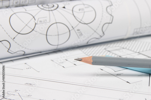 engineering drawings of industrial parts and mechanism