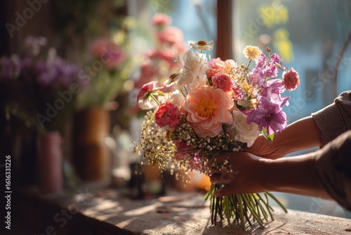 Hands arranging a vibrant flower bouquet in a sunny workshop