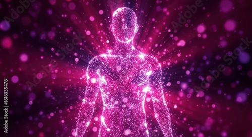 Abstract particle human body model with bright light rays. Concept of human aura, energy, and spiritual development for health.