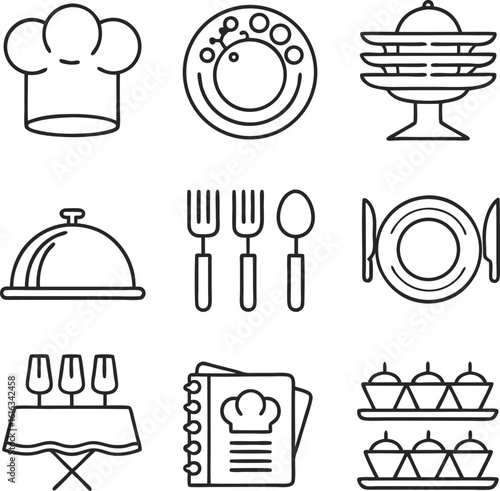Culinary Themed Icons Depicting Cooking, Dining, and Recipes for Restaurant or Food Related Designs and Projects with Elegant Simplicity