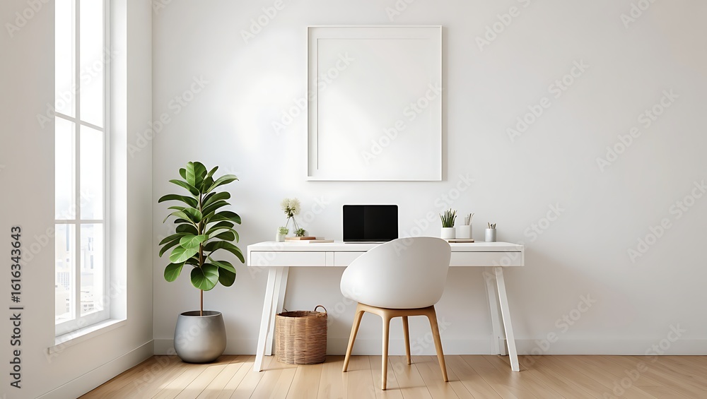 Fototapeta premium Modern home office setup with natural light and greenery