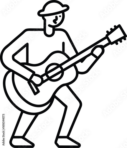 Line art musician playing acoustic guitar isolated on white background