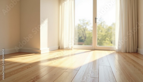 Bright and Airy Room with Sunlight Streaming Through Large Windows