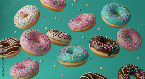 ''Assorted colorful donuts with vibrant sprinkles floating against a teal background, creating a playful and appetizing scene''