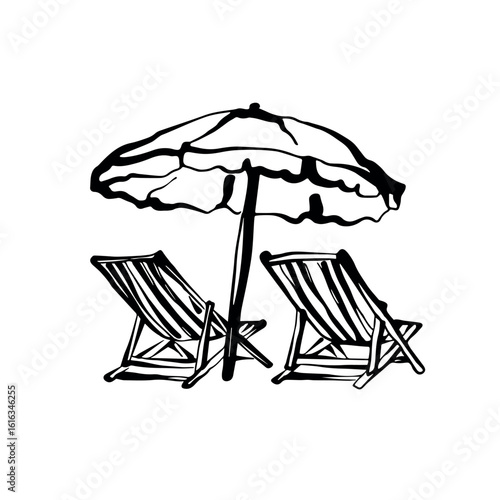 Two wooden deck chairs under a large beach umbrella. The scene suggests relaxation and leisure by the seaside. Outline vector illustration for travel advertising or vacation card, logo or sticker