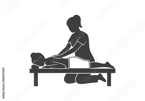 Flat illustration of silhouette of a massage therapist giving a back massage to a person lying on a massage table