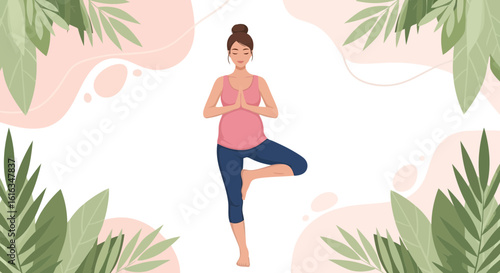 Flat illustration of a pregnant woman practices yoga in a tree pose, embodying balance and wellness amidst nature