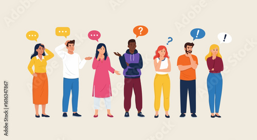 Flat illustration of a diverse group of people stand with speech bubbles and question marks, expressing confusion and thought