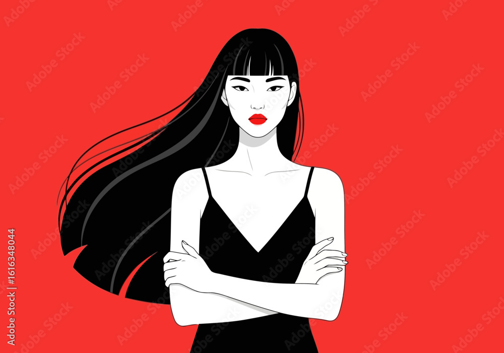 Flat illustration of stylish woman with long black hair and red lips wearing a black dress against a red background Flat illustration of stylish woman with long black hair and red lips wearing a black dress against a red background