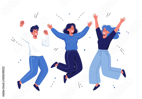 Flat illustration of three happy people jumping in the air with excitement and joy, celebrating success together